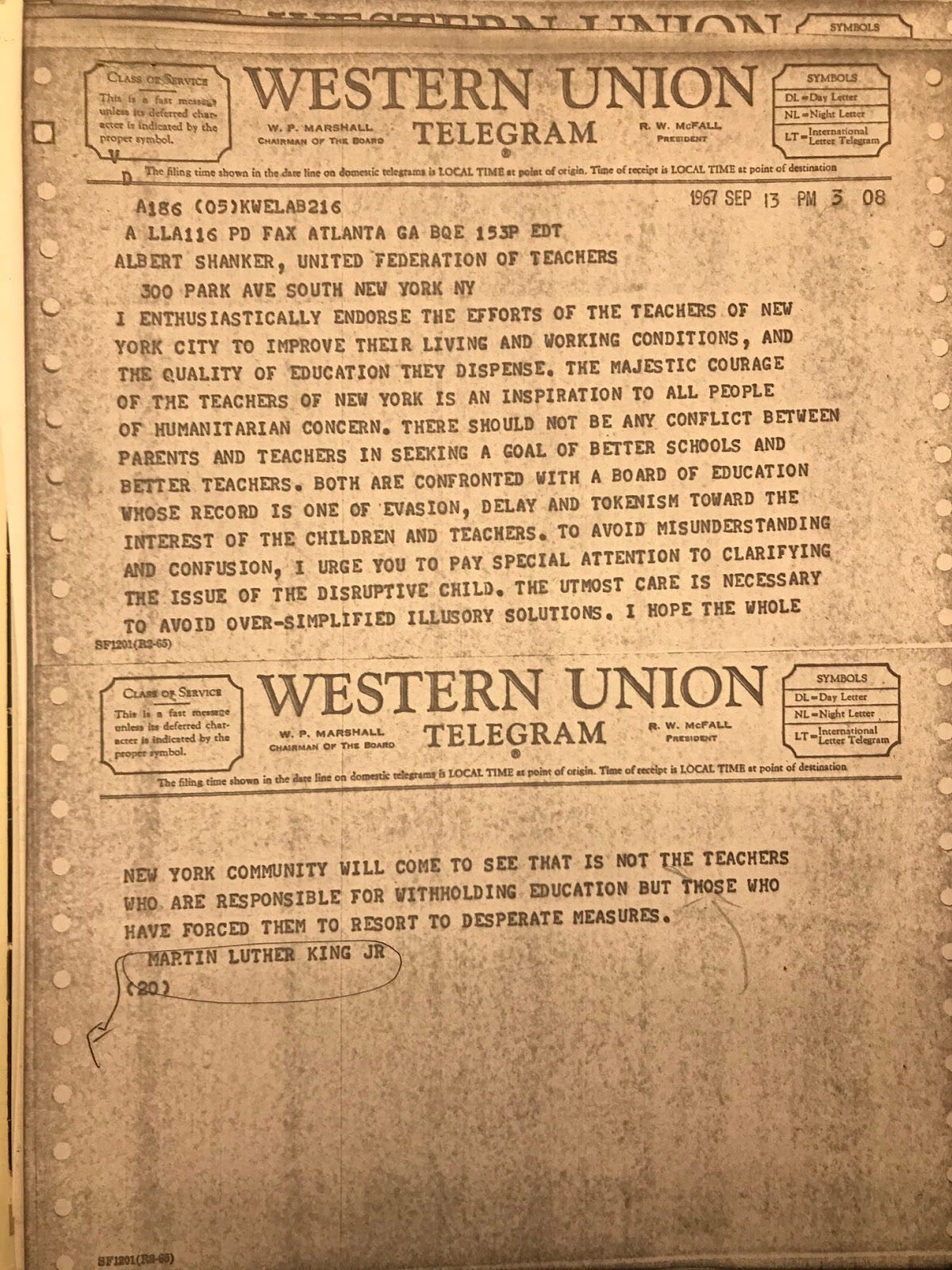 A scanned copy of the telegram from Dr. King to UFT President Albert Shanker, declaring King's support for the strike while urging the union to clarify its demand for a "disruptive child" removal clause in the contract.
