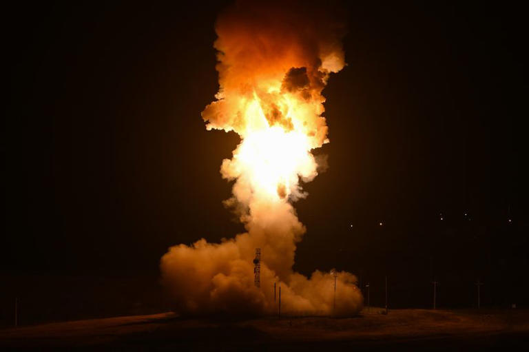 An operational test launch of an Air Force Global Strike Command unarmed Minuteman III intercontinental ballistic missile launched from Vandenberg Space Force Base