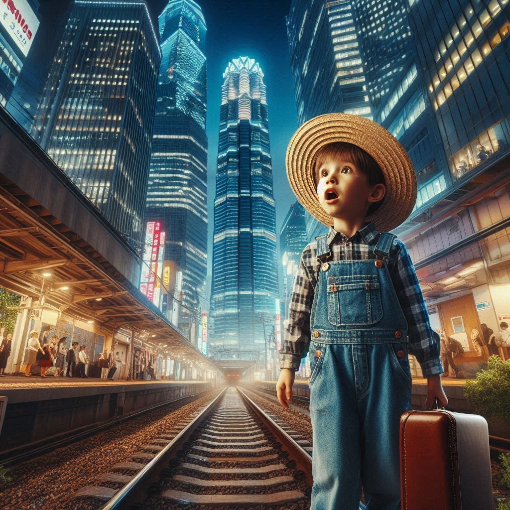 a farmer boy in overalls and a straw hat carrying a suitcase stepping off the train into downtown tokyo, tall skyscrapers, neon lights, a look of surprise on his face