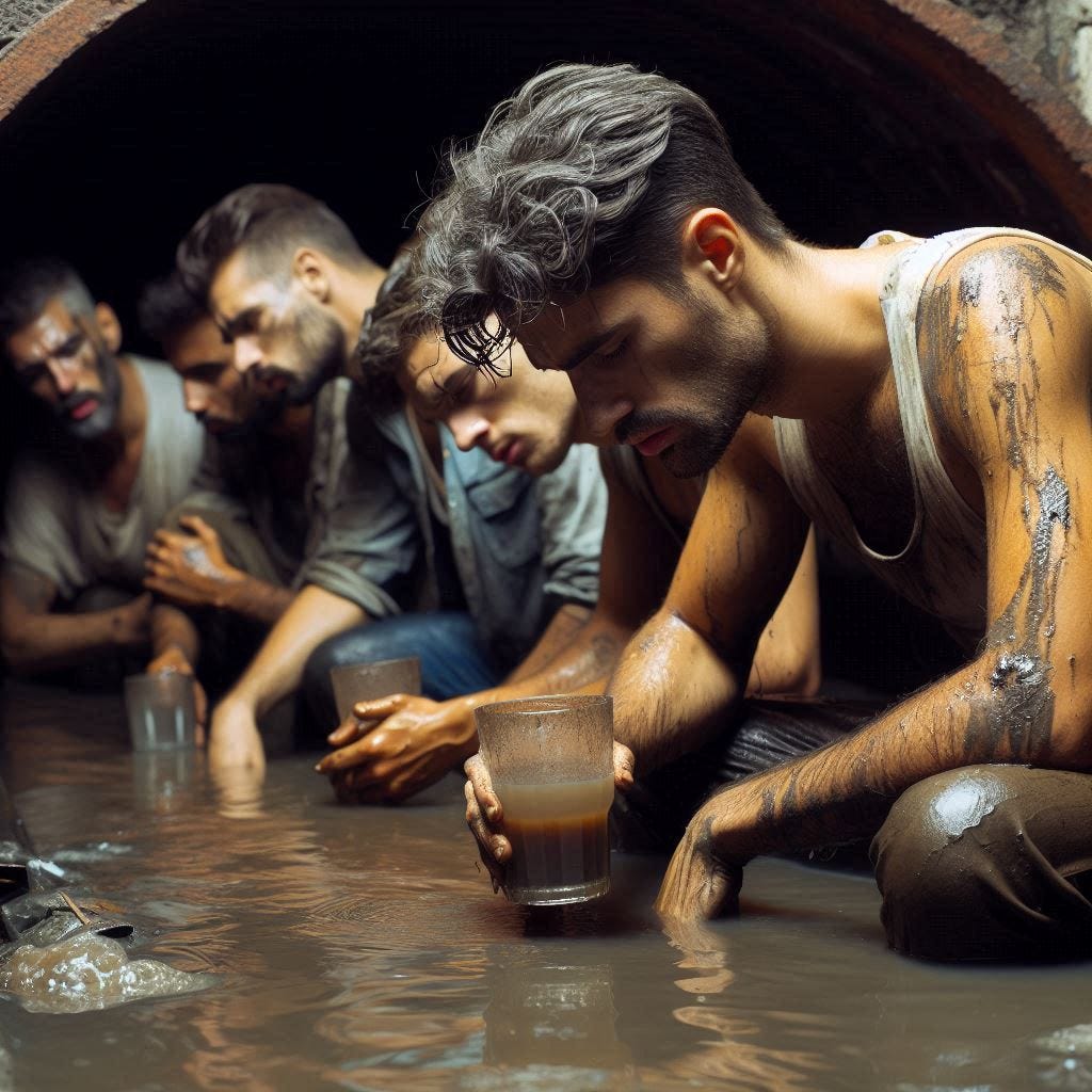 um grupo de homens tristes num esgoto bebendo agua suja mais sombrio e sujo