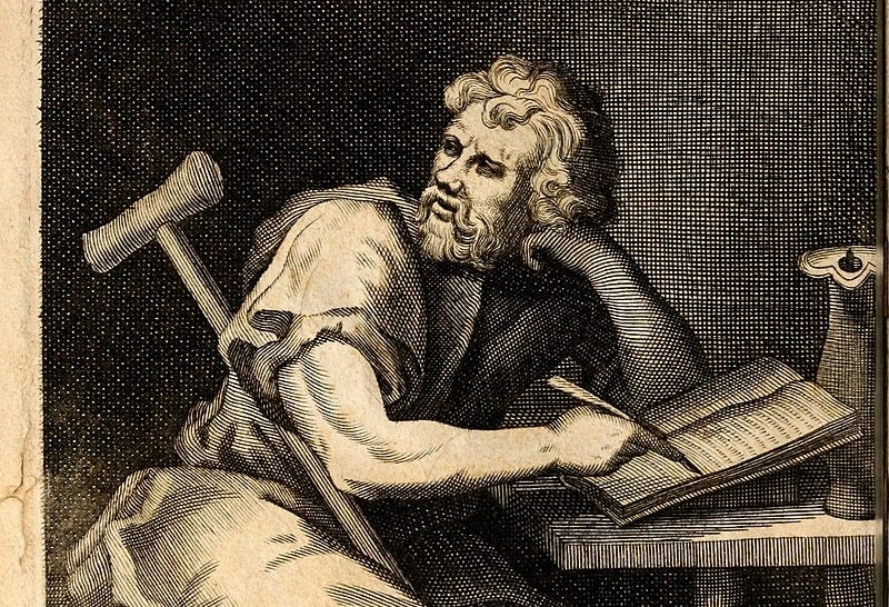 A line drawing of Epictetus writing at a table with a crutch draped across his lap and shoulder