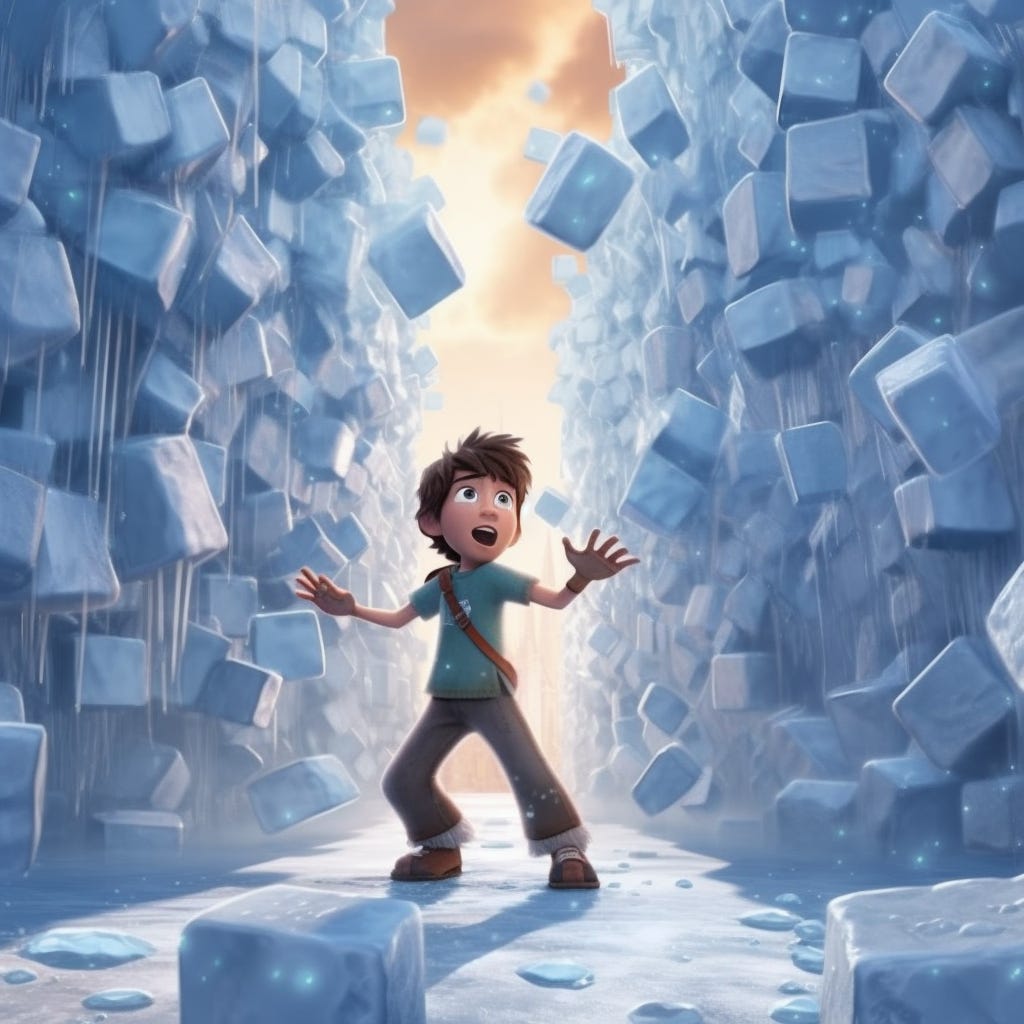 A boy breaking through a wall of ice