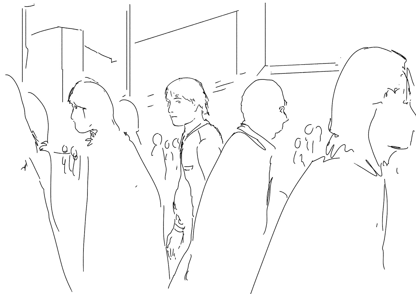 A linework sketch of a crowded outdoor scene, with a person in the centre of the image looking forlorn.