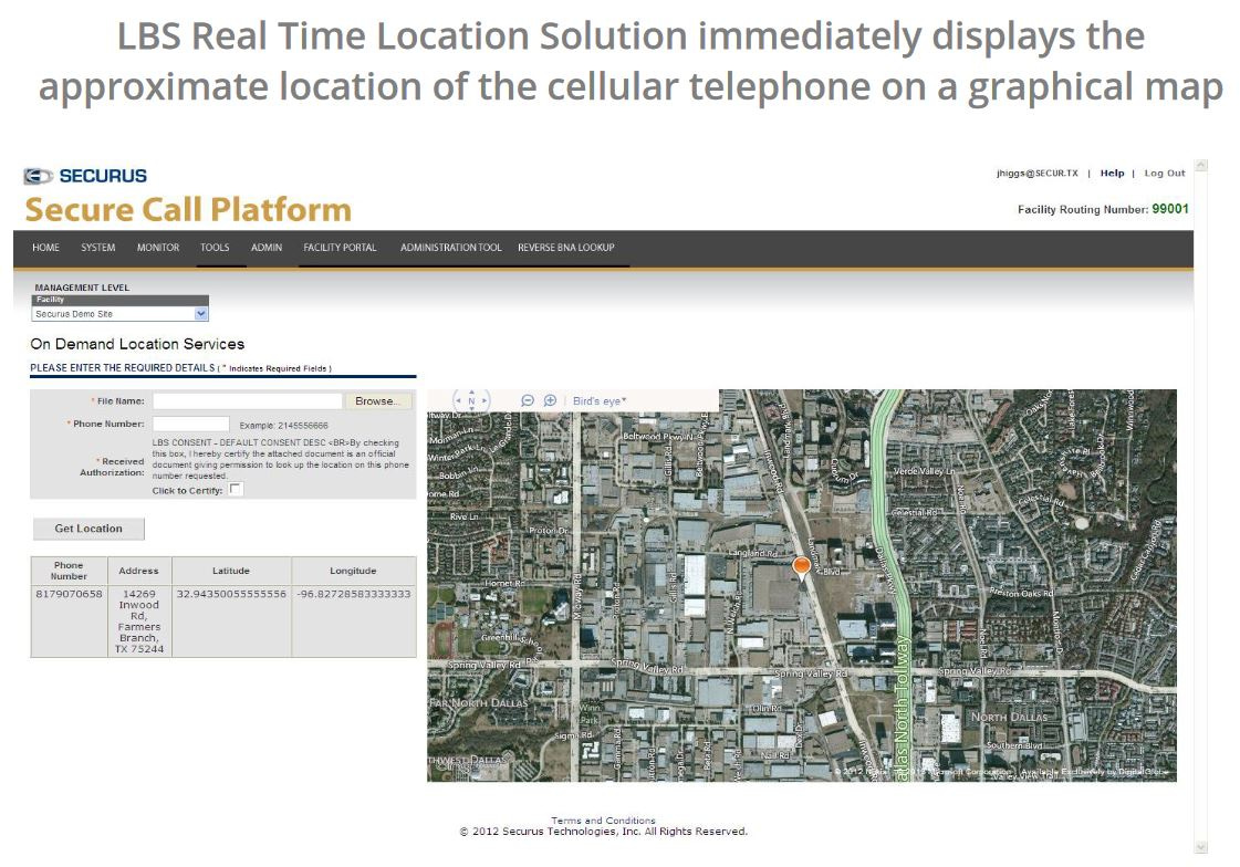 A screenshot of the Securus Secure Call Platform Location Based Service.