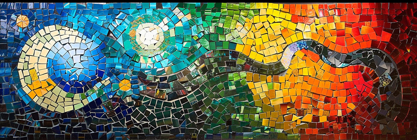 A colorful mosaic artwork features a swirling pattern that transitions through a spectrum of colors from blue and green to yellow, orange, and red, creating a vibrant and dynamic visual effect.