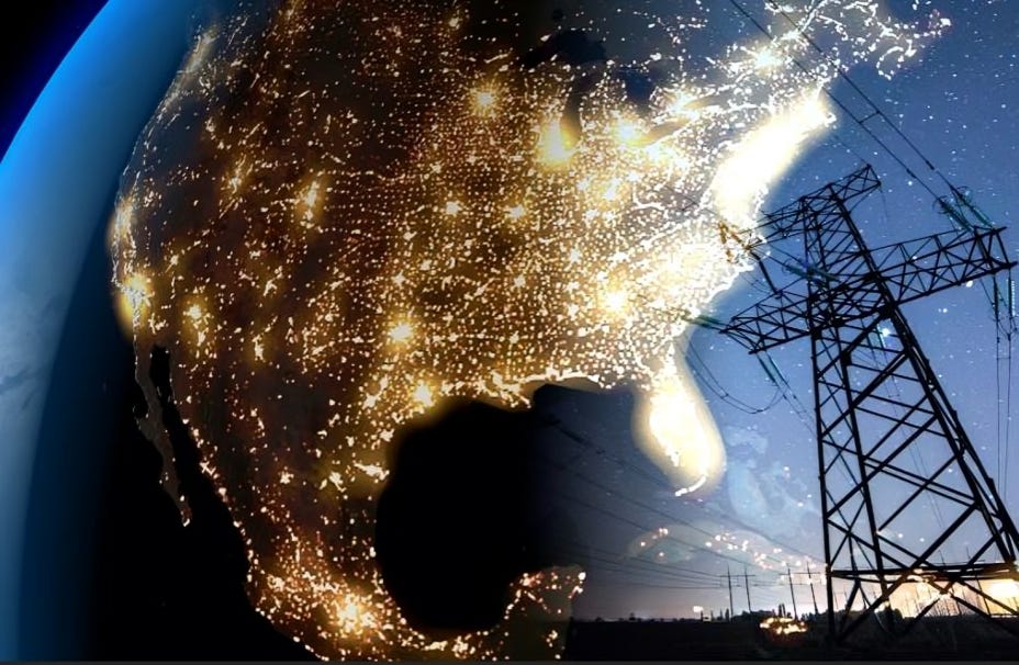 A composite image showing the United States illuminated at night from space, interlaced with images of power grid towers, representing the vulnerability of American infrastructure.