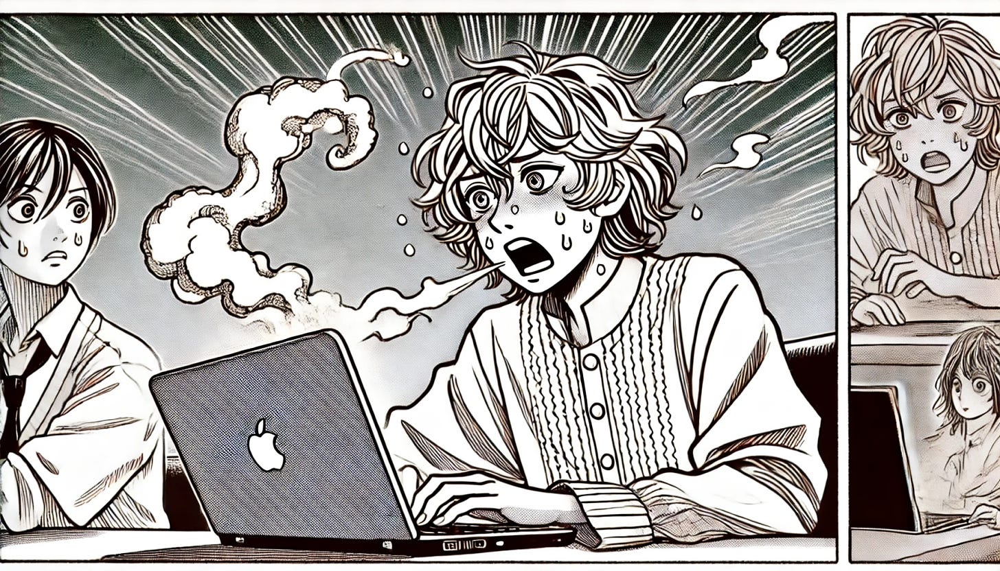 A manga-style illustration depicting a young woman named Persia slamming her laptop shut in frustration. A plume of steam is escaping from the corner of the laptop, indicating its overheating due to the intense summer heat. Persia has an exasperated expression, her hair slightly disheveled, and the background suggests a stifling, hot environment. The illustration captures the moment of frustration and the oppressive heat, with manga-style dynamic lines and shading emphasizing the intensity of the scene.