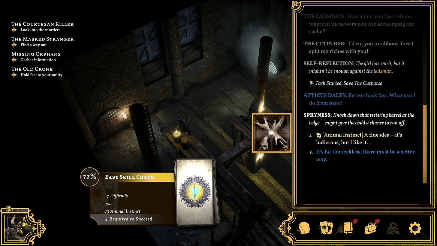 A screenshot of the game Sovereign Syndicate, showing the player character, Atticus Daley, on top of a structure and about to knock down a barrel on top of an NPC with a skill check in the dialogue.