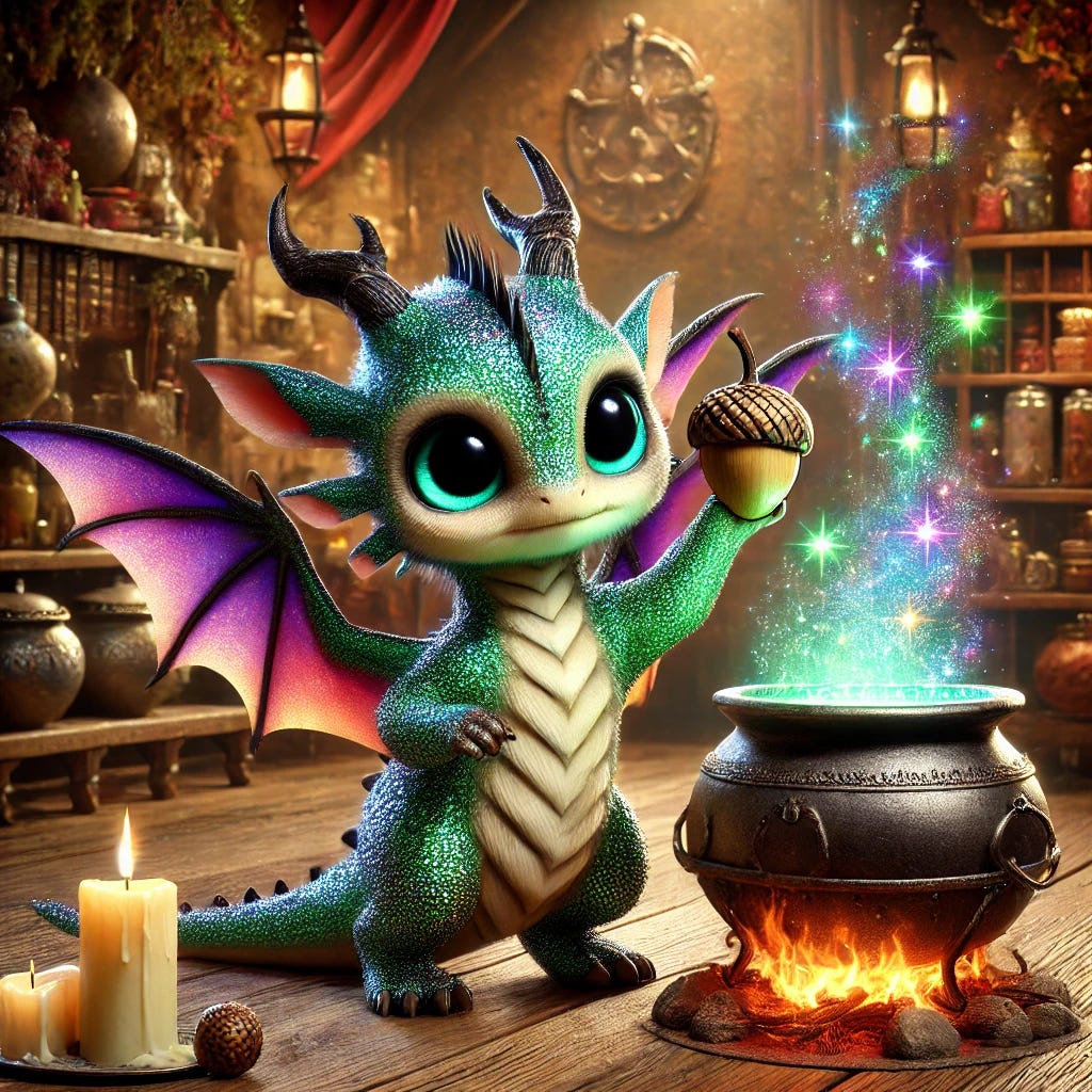 Ai generated image of a green dragon creating a potion in a cauldron inside an old library