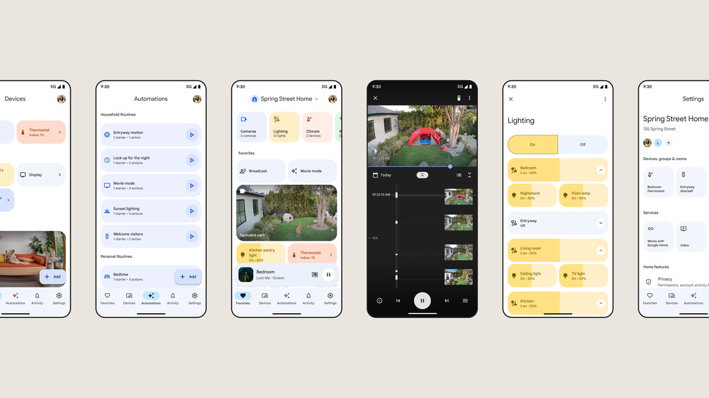 A layout of screens showing the Google Home app redesign