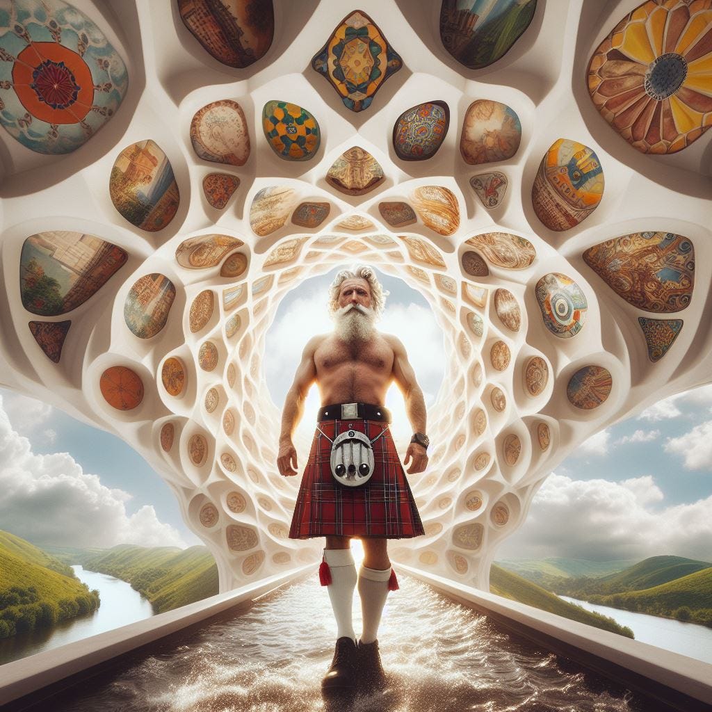 Hyper realistic; tilt shift;  heroic middle aged man in kilt with coral Quatrefoil: cream Gothic Tracery: Louver  yellow and chartreuse decorative ceiling tiles.Hundertwasserhaus, Vienna, Austria: Amsterdam Canal Houses, Amsterdam, Netherlands. Crystal sky. sunny sky, fluffy clouds. Vast distance. sunshower. radiant spiraling into a portal
