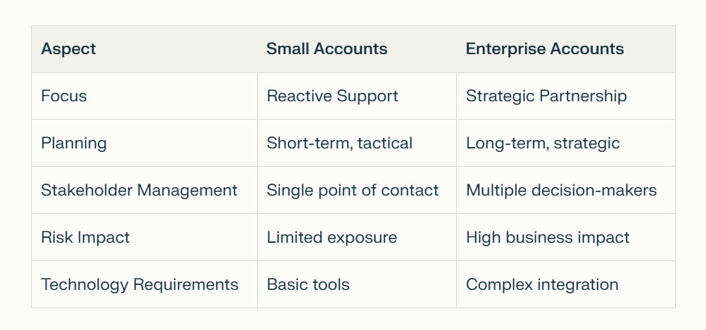 A comparison table showing key differences between Small Accounts and Enterprise Accounts across five aspects: Focus, Planning, Stakeholder Management, Risk Impact, and Technology Requirements. The table illustrates the progression from tactical to strategic approaches in customer success management.