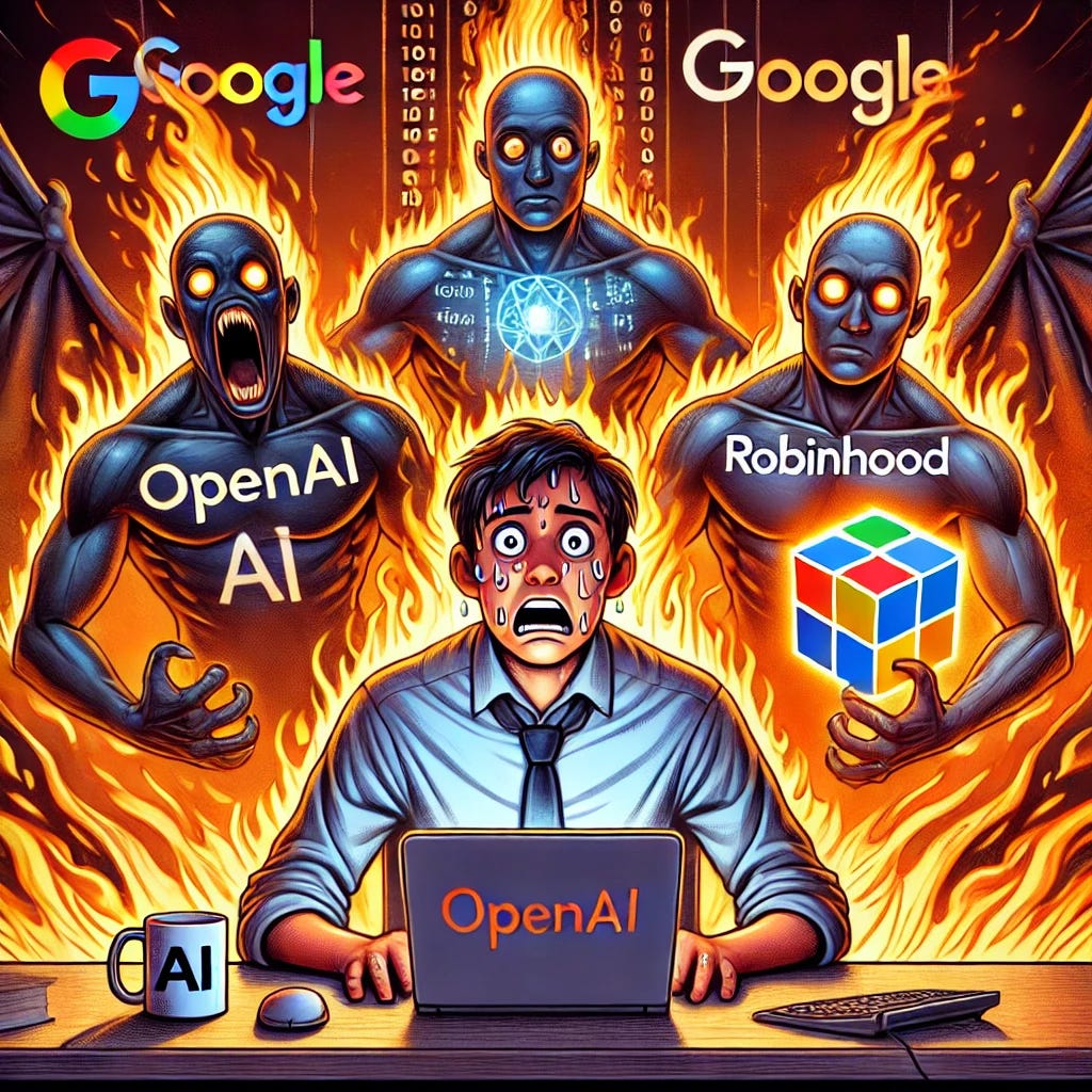 A stressed-out data engineering job candidate sitting at a desk with wide, anxious eyes. Above his head, four fiery, demon-like figures hover, each representing a different tech company. One demon represents OpenAI with a visible OpenAI logo and futuristic AI elements, another represents Google with a large search bar and a world icon, one demon holds financial symbols for Robinhood, and the last one carries a glowing cube for Databricks. Flames and fiery tones engulf the demons, adding to the intense, overwhelming atmosphere of stress and pressure around the candidate.