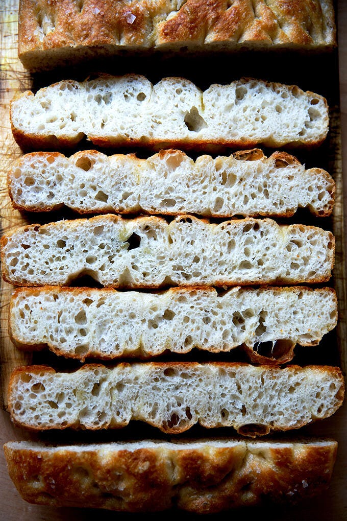 A crumb shot of freshly baked focaccia.