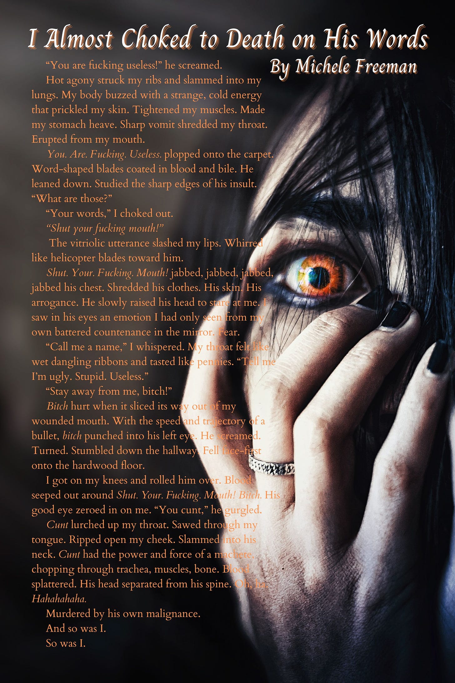 Poster with short story and face of disturbed goth female.