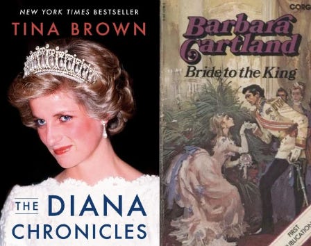 On left: The Diana Chronicles by Tina Brown. Right: Bride to the King by Barbara Cartland