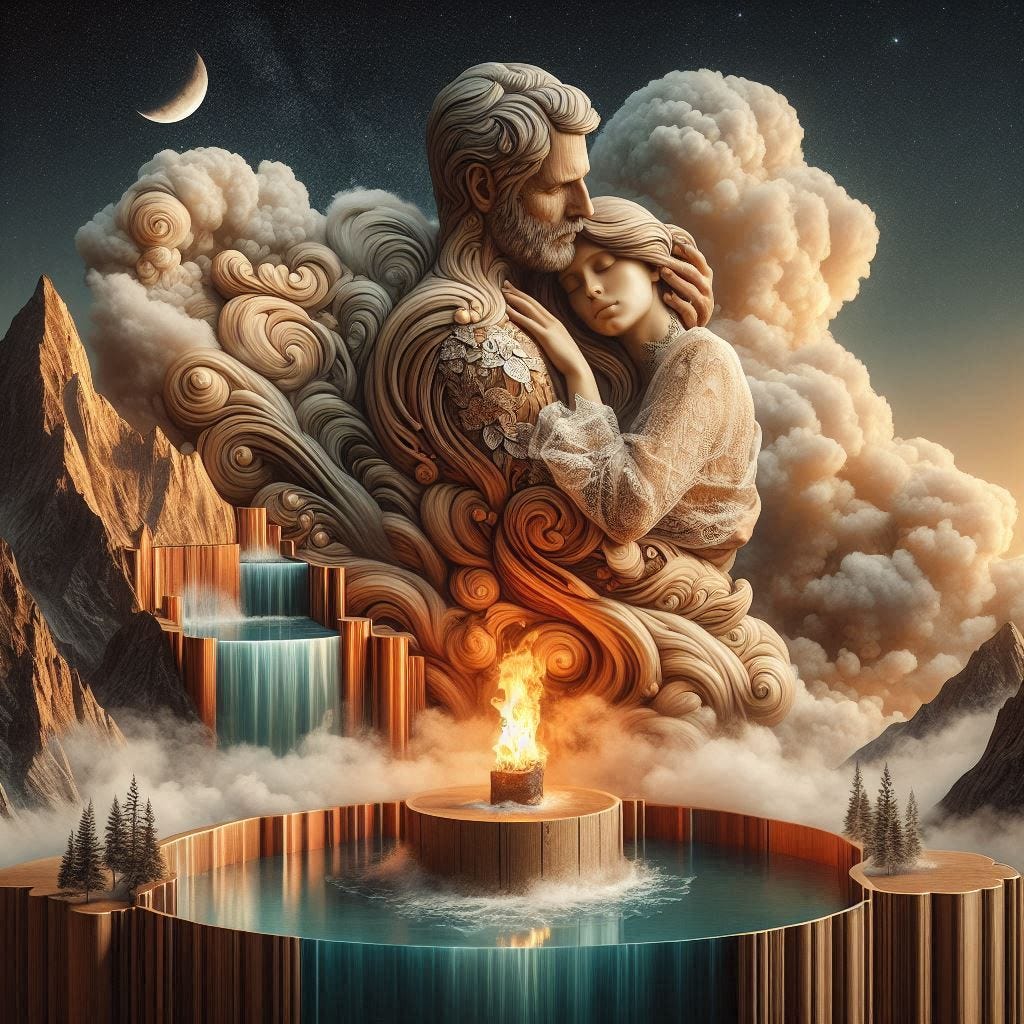  angle glass waterfall with with a small fire in it over image of  Birchwood/rosewood middle aged handsome man hugging a woman in lace high collar in water in resin/ soft, beautiful/honey-wood and copper/ Marquetry, verdigris. mountain / fluffy cloud floating low in foreground / honey-gold-swirl/surrounded by copper pipes .REFLECTED/ Inspired by style of Jeffrey Catherine Jones /backdrop of swirling clouds under moon.black starry sky / love/ bliss