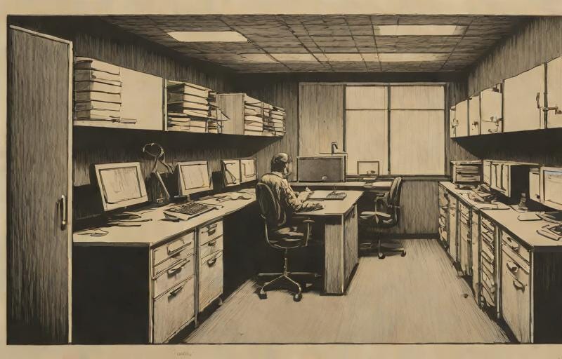 Solitary man sitting in dull office