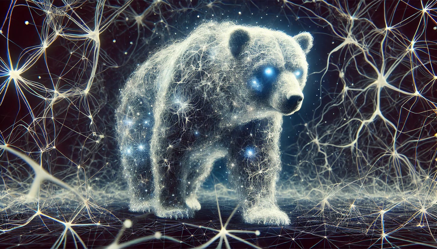 A surreal artistic depiction of a bear composed entirely of interconnected neurons and synapses, with the neural pathways forming the shape of its body and face. The bear has a glowing, ethereal presence, with neural connections emitting a faint bluish light. The background is a dark, abstract environment resembling a neural network. The aspect ratio is extremely distorted, creating a stretched 34:21 frame, emphasizing the horizontal dimensions.