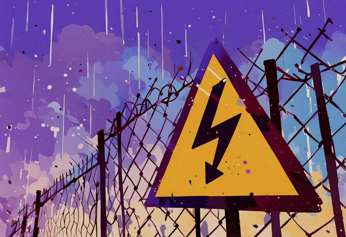 ilustración de una señal de alto voltaje en una valla metálica
