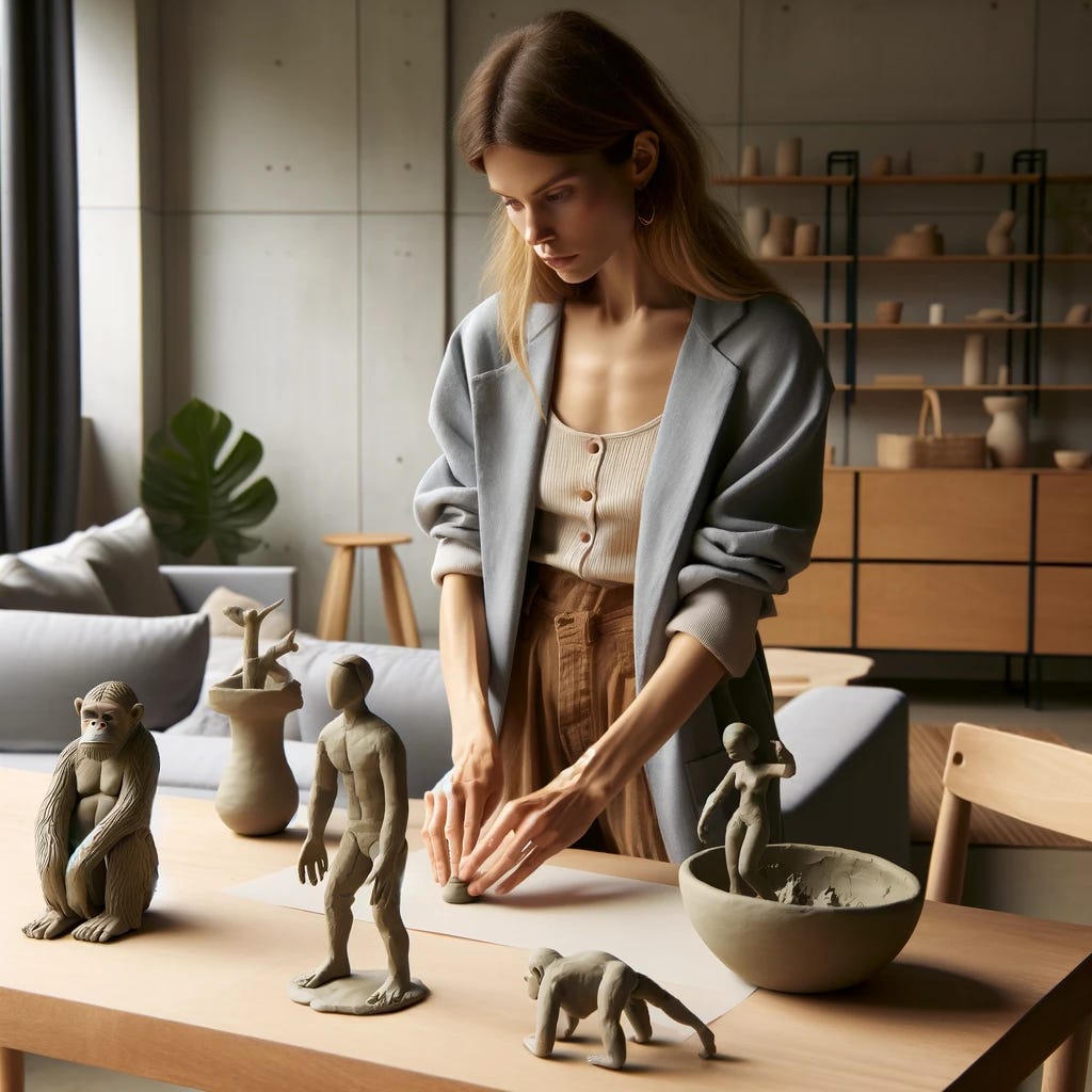 A modern woman in a contemporary Scandinavian room, sculpting a clay figure of a man with her hands. The room maintains its minimalist Scandinavian style, featuring light wood furniture and a neutral color palette. The woman is dressed in casual, modern attire and is intently focused on her work. On the table around her, there are now four clay figures: a tree, a fish, an ape, and a woman, placed in that specific order. These figures add a touch of nature and artistic diversity to the scene.