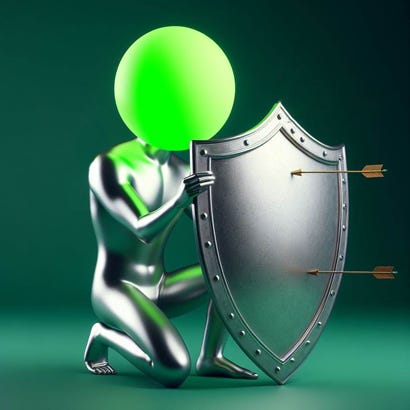A person wearing only a silver bodysuit does not have a head but instead has a basic bright neon green sphere in its place. The person crouches behind a huge shiny badge-shaped silver metal shield. A few medieval arrows are flying towards the shield. There are no people or other distractions in the background, which is forest green.