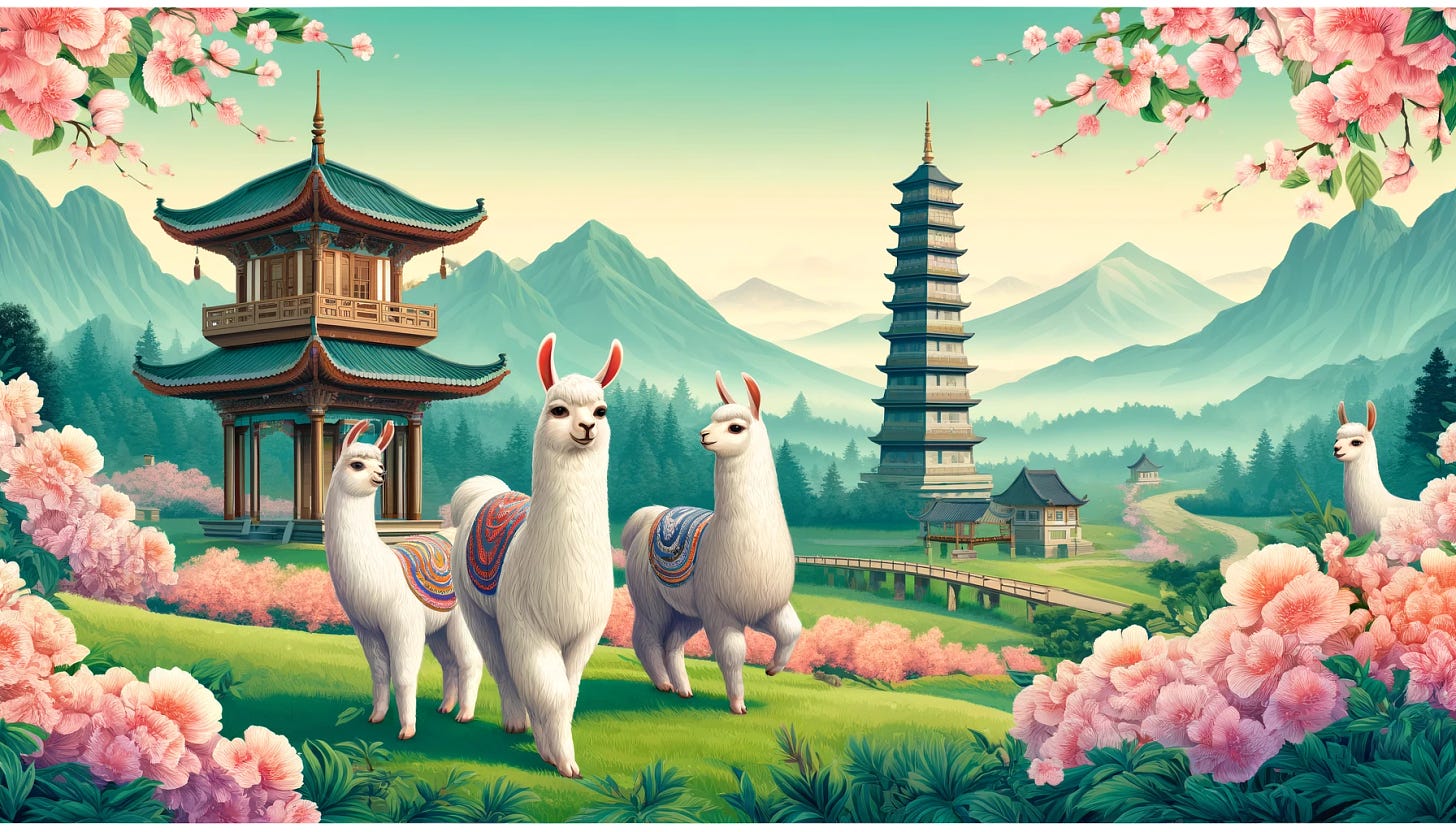 A panoramic, vibrant scene depicting three llamas exploring a traditional Chinese landscape, in a horizontal layout. The llamas, each with unique playful expressions, wander among ancient pagodas and lush bamboo forests. The extended background features rolling hills and a distant mountain range, with delicate cherry blossoms floating in the air. The serene and picturesque atmosphere highlights the fusion of South American and Asian elements.