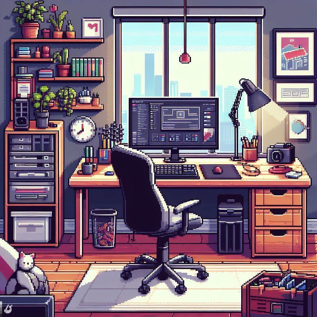 A home office setup in pixel art style