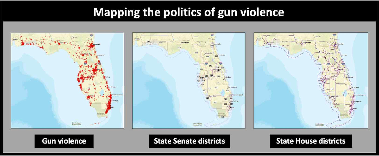 Mapping the politics of gun violence and the gun lobby donations to Republicans and DeSantis to relax gun safety regulations