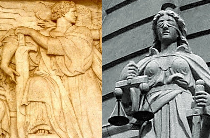 Left: A robed Justice (without blindfold) is the focus of the allegorical story of the battle of Good Versus Evil. Her unencumbered gaze is set determinedly in the direction of the forces of Evil, to the viewer’s right.(One of the Courtroom friezes sculpted by Adolph Weinman). Right: Justitia blindfolded and holding balance scales and a sword. Court of Final Appeal, Hong Kong