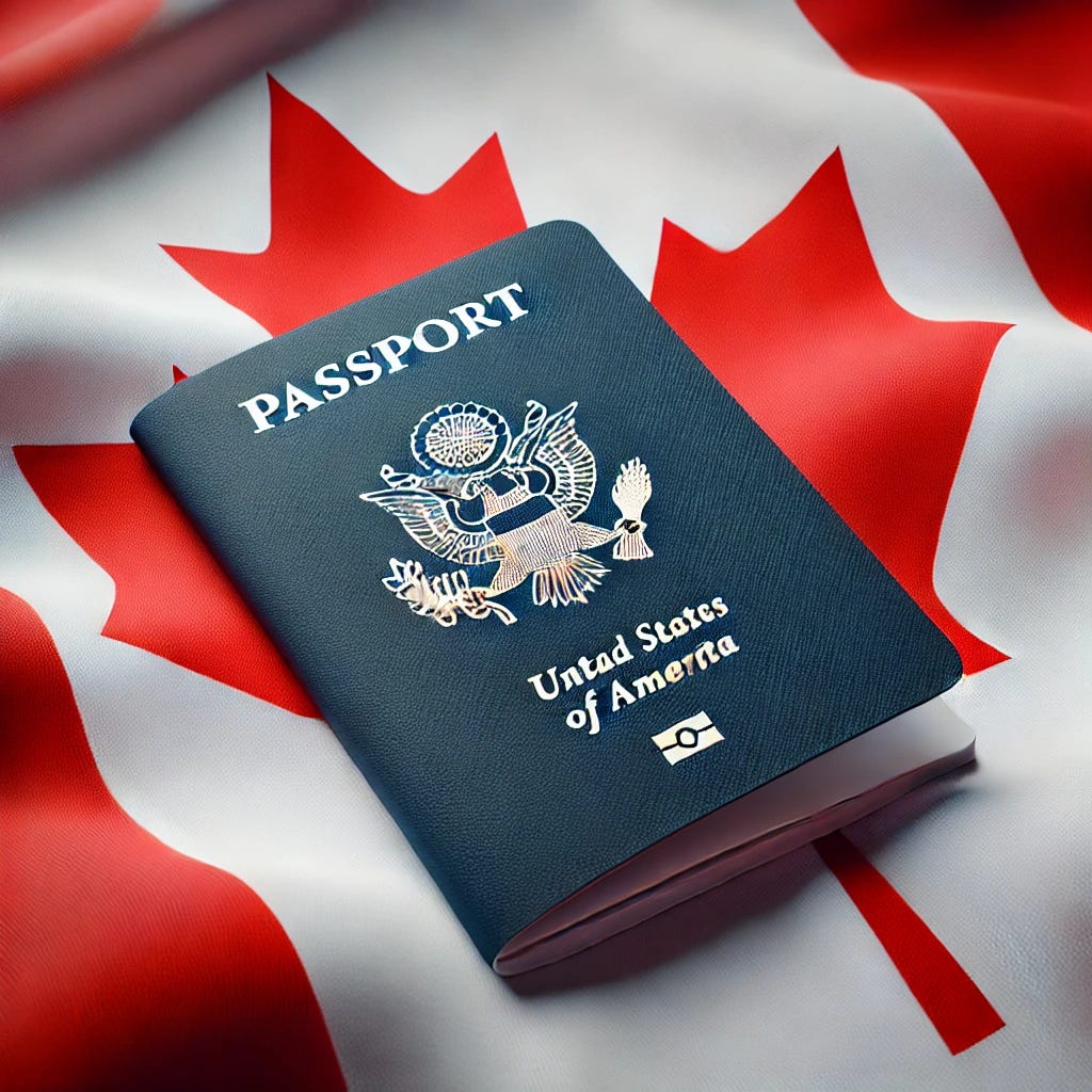 A detailed illustration of a U.S. passport with the text 'US Paort' on the cover, lying on top of a Canadian flag background. The Canadian flag's red and white colors with the maple leaf design are vibrant and easily recognizable behind the passport. The setting is simple, with the passport angled slightly to showcase the modified cover design, creating a contrast between the blue of the passport and the red and white of the flag.