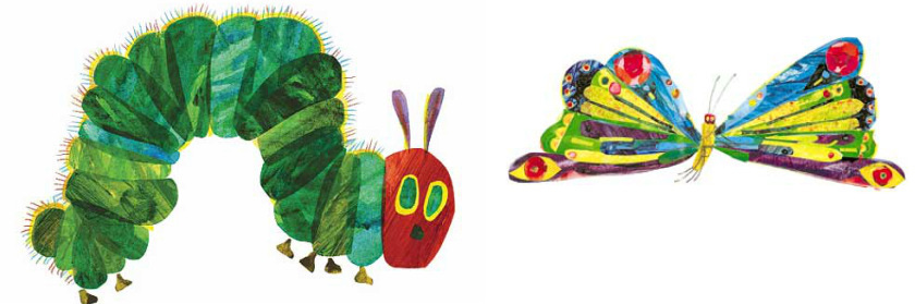 Eric Carle's Very Hungry Caterpillar, a green collage art creature with a red head, big eyes, and antennae, beside its butterfly counterpart.