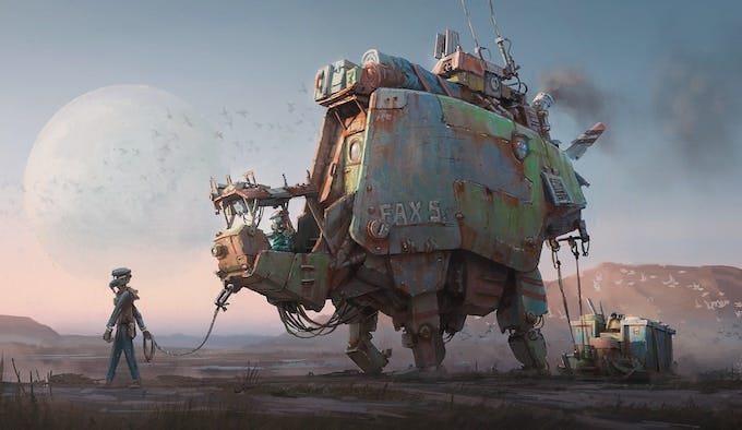 Promo image from the Salvage Union Kickstarter. Art by Hamish Frater shows a Mule Cargo Mech being guided by leash through a barren wasteland.