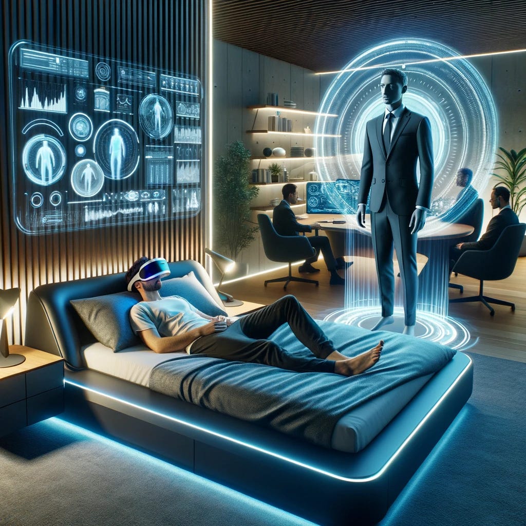 Photo of a futuristic bedroom setting. A man lies in an advanced, ergonomic bed with sleek design elements, surrounded by ambient LED lighting. He wears a slim, cutting-edge VR headset. Adjacent to the bed, a holographic projection displays his photorealistic avatar in a sharp business suit, interacting in a high-tech conference room with floating digital screens and diverse professionals in modern attire.