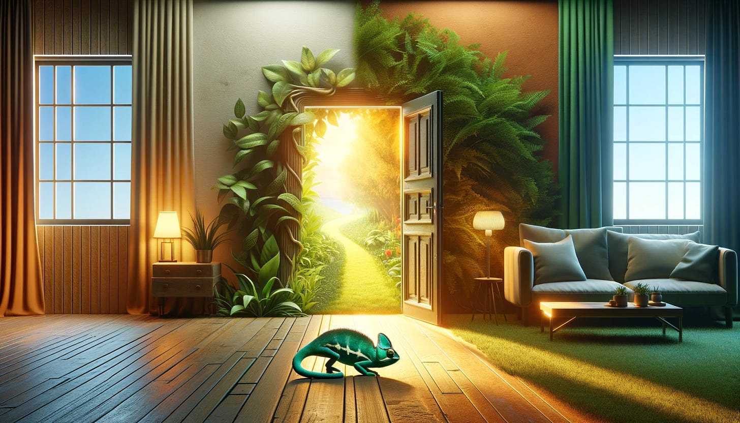 A symbolic representation of 'Welcomeness' and 'Adaptability' in a 16:9 aspect ratio. The image features a large, open doorway radiating a warm, welcoming light, symbolizing 'Welcomeness'. Next to the doorway, a chameleon seamlessly blends into a lush, green environment, representing 'Adaptability'. The setting combines elements of a comfortable, homely atmosphere with a natural, adaptable environment. The image is rich in colors, highlighting the harmony between being welcoming and adaptable.