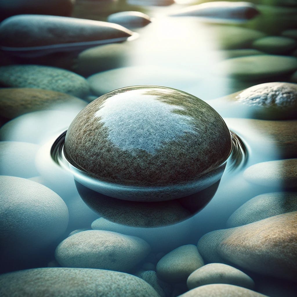 A close-up image of a crystal-clear, smooth stream of water gently flowing over a smoothly polished, round rock. The rock is centered in the image, partially submerged under the water, creating a serene and calming effect. The water's surface is almost glass-like, reflecting the soft, ambient light, and the ripples around the rock are subtle and delicate. The background shows more smooth rocks beneath the clear water, with a hint of green aquatic plants, adding to the peaceful and natural setting. The overall tone of the image should be soothing, with a focus on the smoothness of both the water and the rock.