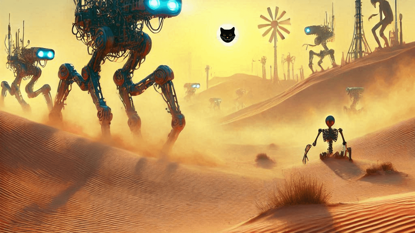 Image of robots and a cat face in a desert