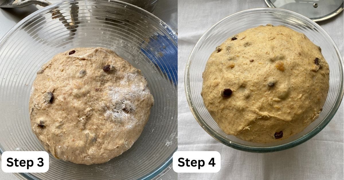 Hot Cross Bun dough in a large glass bowl.