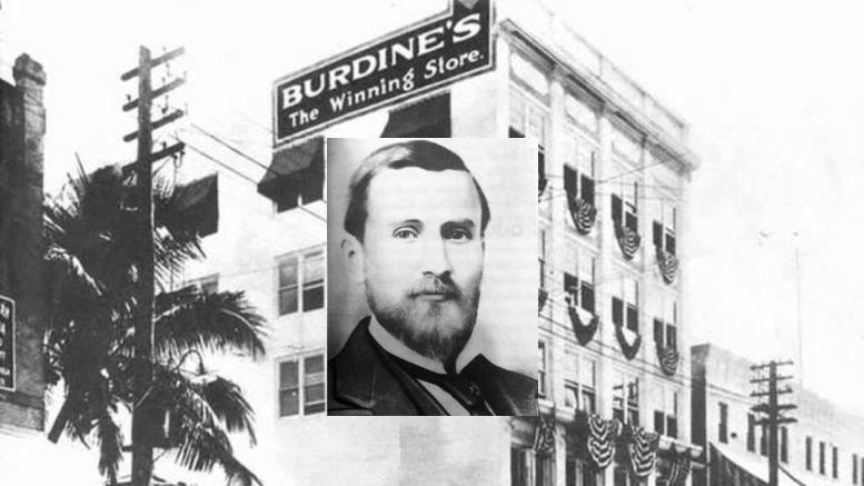 Portrait of William M. Burdine with the Burdine’s Store on Flagler Street in the background. Courtesy of Florida State Archives.