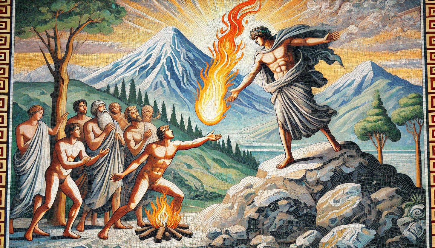 A mosaic-style image of Prometheus bringing fire to humanity. The scene shows Prometheus, a mythical figure, holding a glowing flame, descending from a mountainous peak to give fire to early humans. The humans are depicted in primitive clothing, gathered around with expressions of awe and gratitude. The mosaic is in a classical ancient Greek art style, with intricate tiles of various colors, emphasizing the fire's light and warmth. The background features an expansive landscape with stylized mountains, trees, and a dramatic sky. The overall tone is heroic and mythological, symbolizing the transformative gift of fire to humanity.