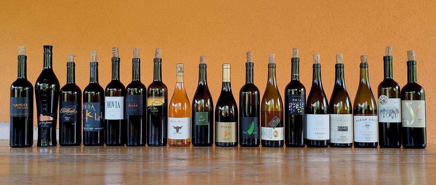 In this Brda orange wine guide, we review 52 wines from 18 producers. This is a photo of one bottle from each participating producer. Photo (C) Simon J Woolf.
