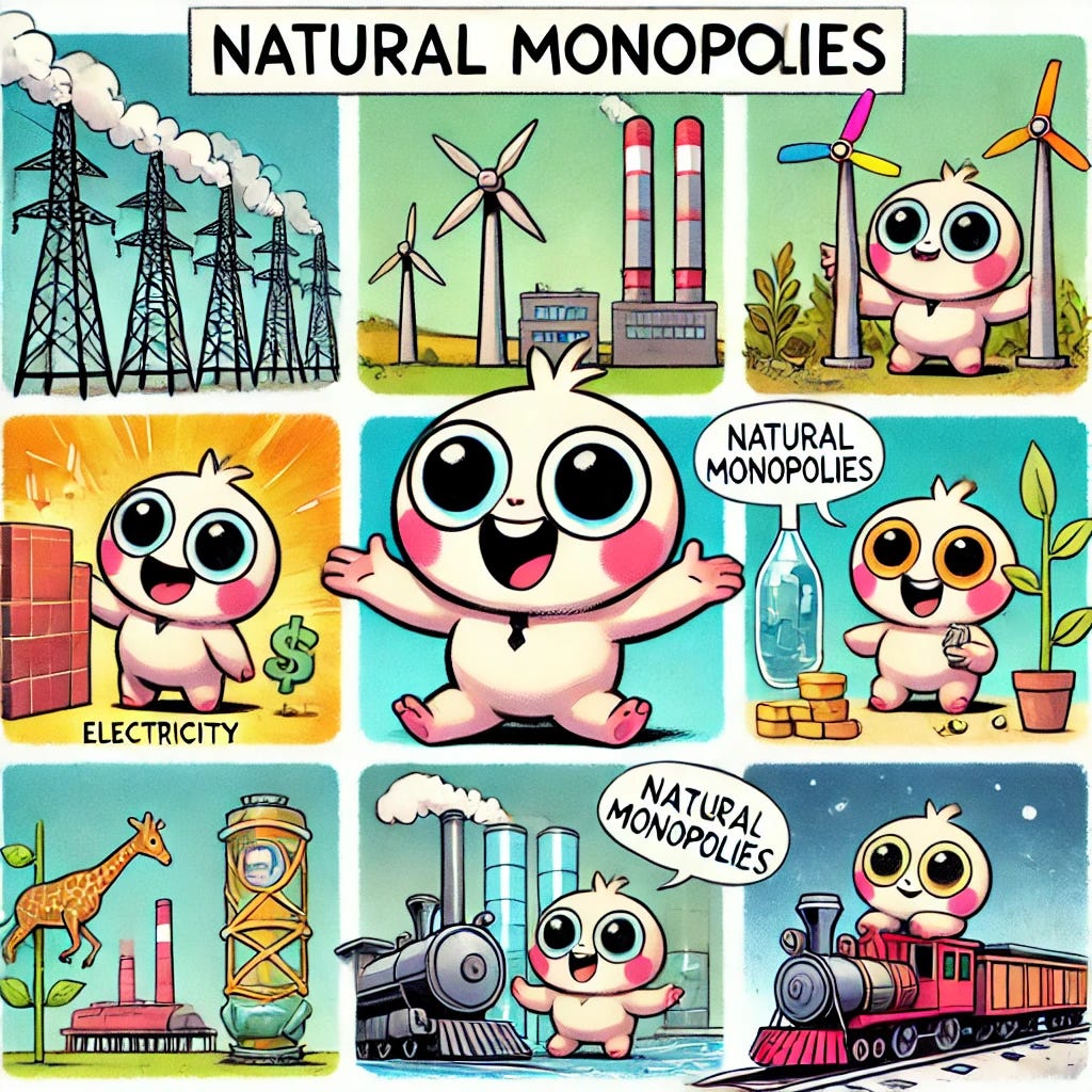 A comic-style vignette featuring an adorable and compelling character, perhaps a cute, wide-eyed creature or robot, demonstrating various examples of natural monopolies. Each panel shows the character happily interacting with different monopoly examples like a power plant for electricity, a water tower for water supply, a gas pipeline for natural gas, and a train for public transportation. The character is energetic and engaging, using fun gestures and props to highlight the large infrastructure behind each monopoly. The overall tone is lighthearted and educational, with vibrant colors and playful visuals.