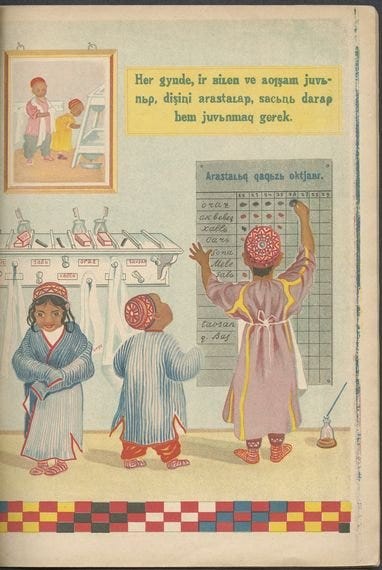 Children wearing fezs mark things on a chart.