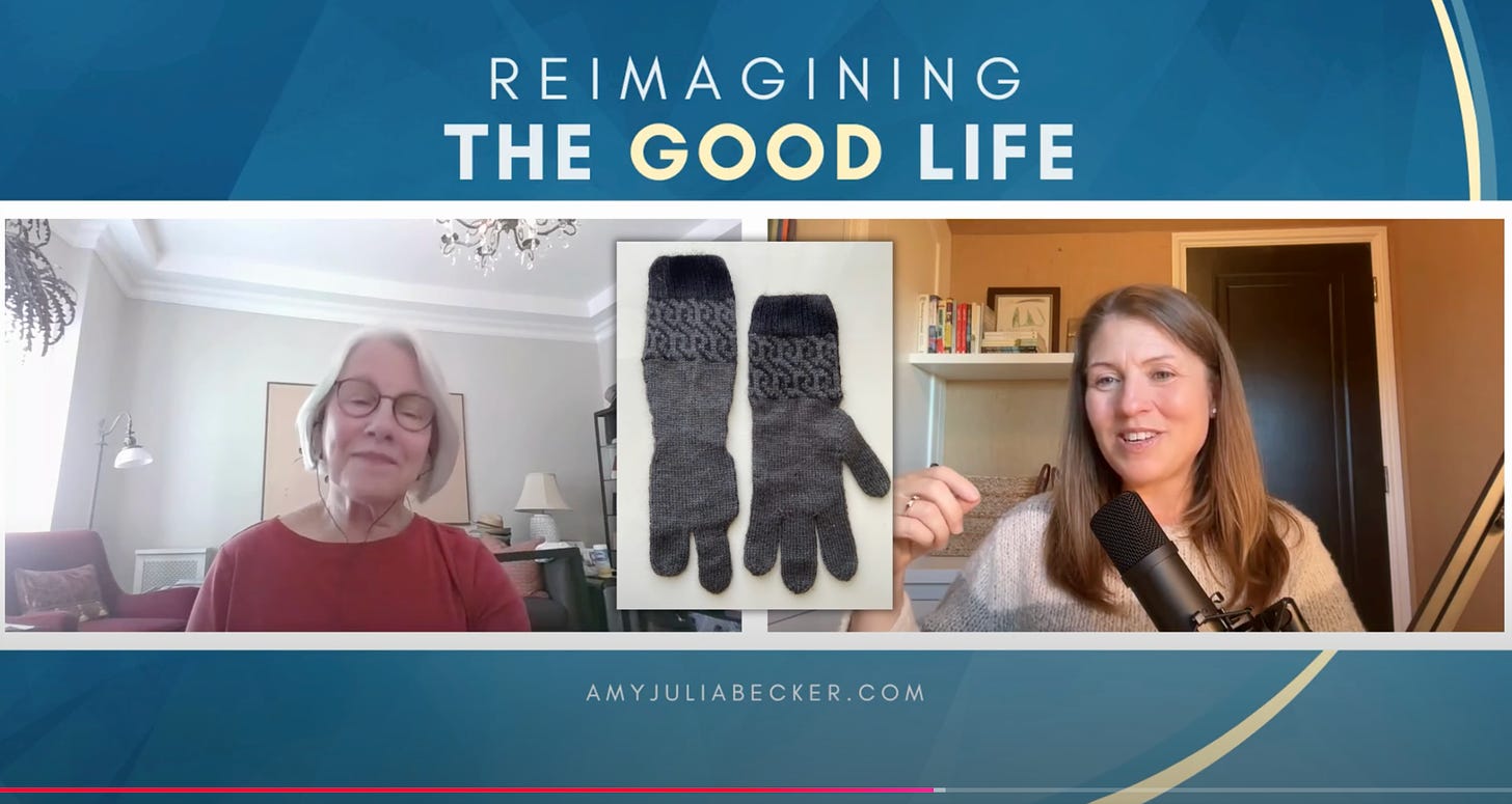 screenshot of YouTube video with Rosemarie and Amy Julia talking. In the middle of the screen is a photo of knitted mittens that do not look like typical mittens