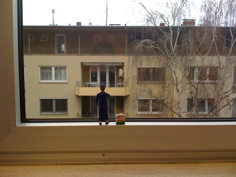 Photo of Nancy Peal librarian action figure with her back to the viewer, staring out a window at bleak weather in an apartment complex courtyard.