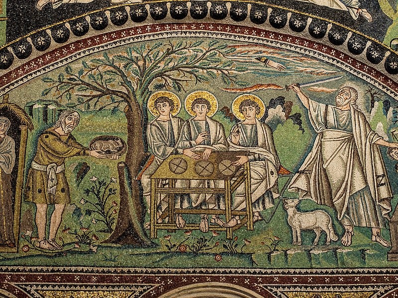 Ravenna Basilica of San Vitale mosaic, Abraham offers bread and meat to the three visitors