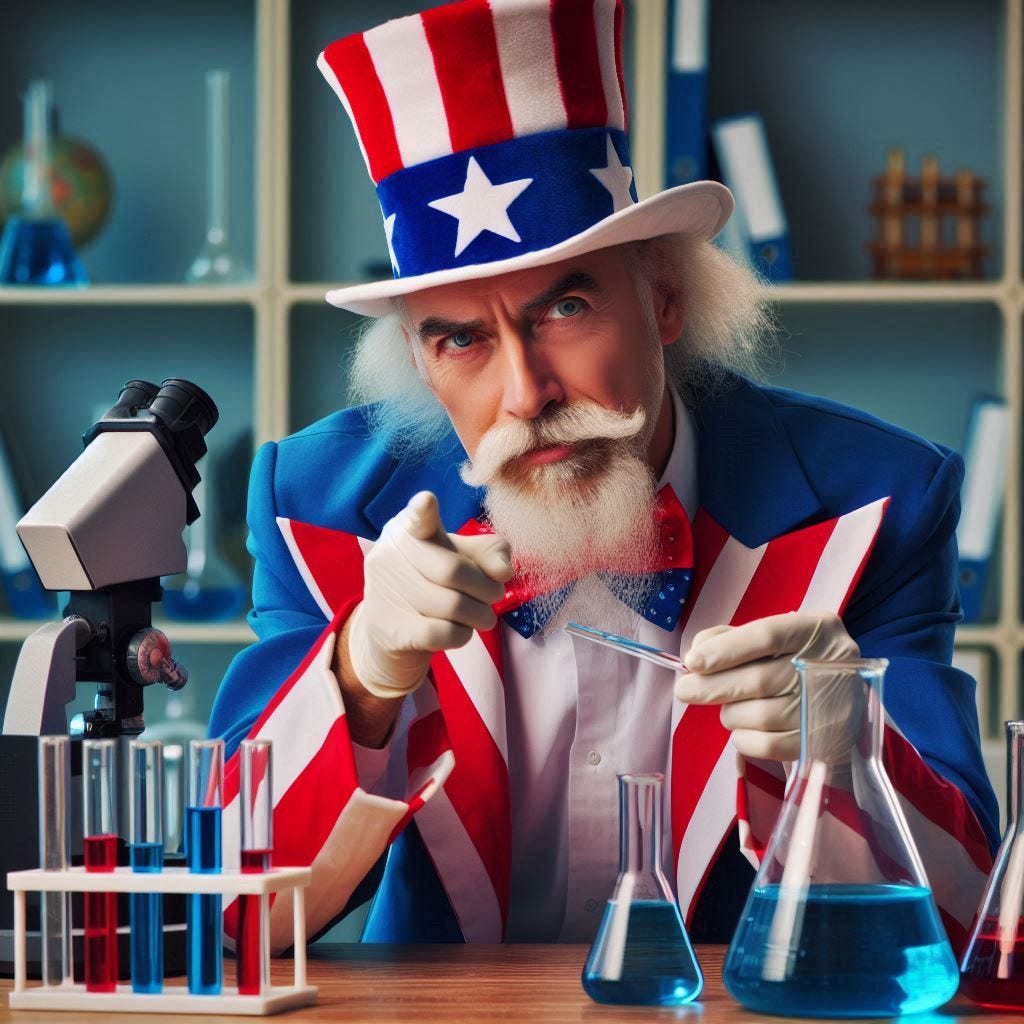 The American Experiment was a success! Uncle Sam performs an experiment with test tubes in a lab.