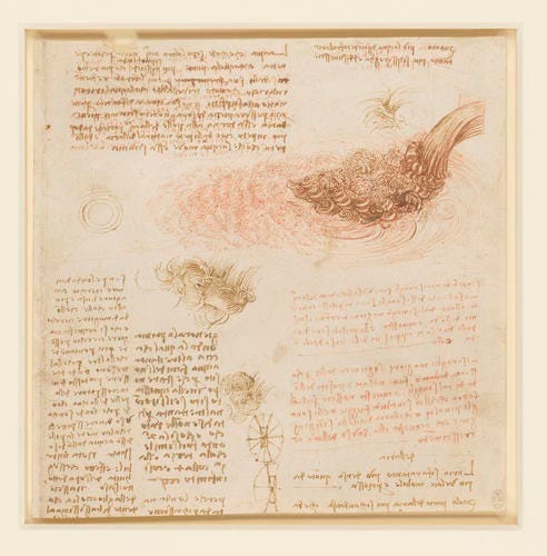 Leonardo da Vinci's detailed scientific drawings of water flow patterns, circa 1508-1511. The page shows multiple studies in his distinctive mirror writing and sketching style.