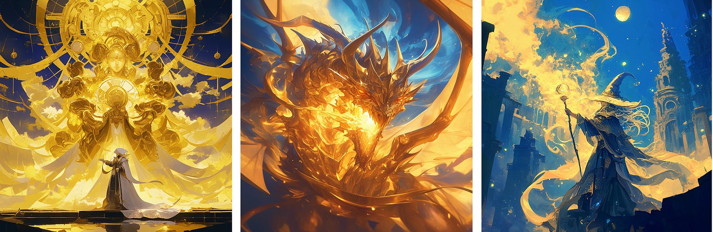 Divine God blessing a cleric | Gold dragon breathing fire | Powerful wizard casting a spell
