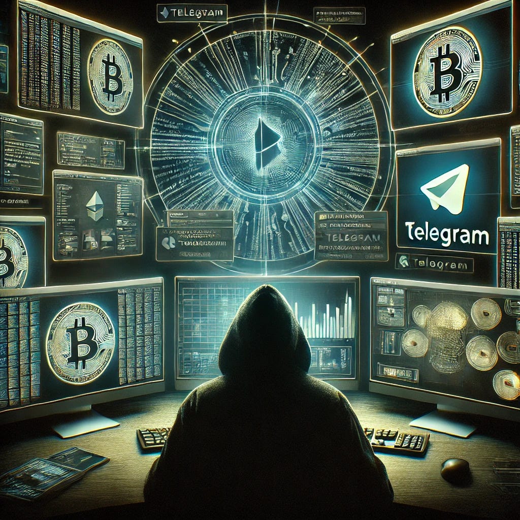 A high-impact, visually striking digital illustration of a cybercriminal group operating through Telegram. The image should depict a shadowy figure overseeing multiple computer screens displaying cryptocurrency transactions, phishing scams, and malware distribution. The aesthetic should be dark, high-tech, and cinematic, designed to grab attention and intrigue viewers.